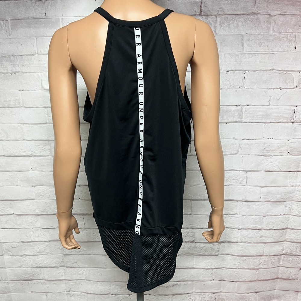 Under Armour Fitted Tank Top Womens XL Black White Heatgear Mesh Spellout Active